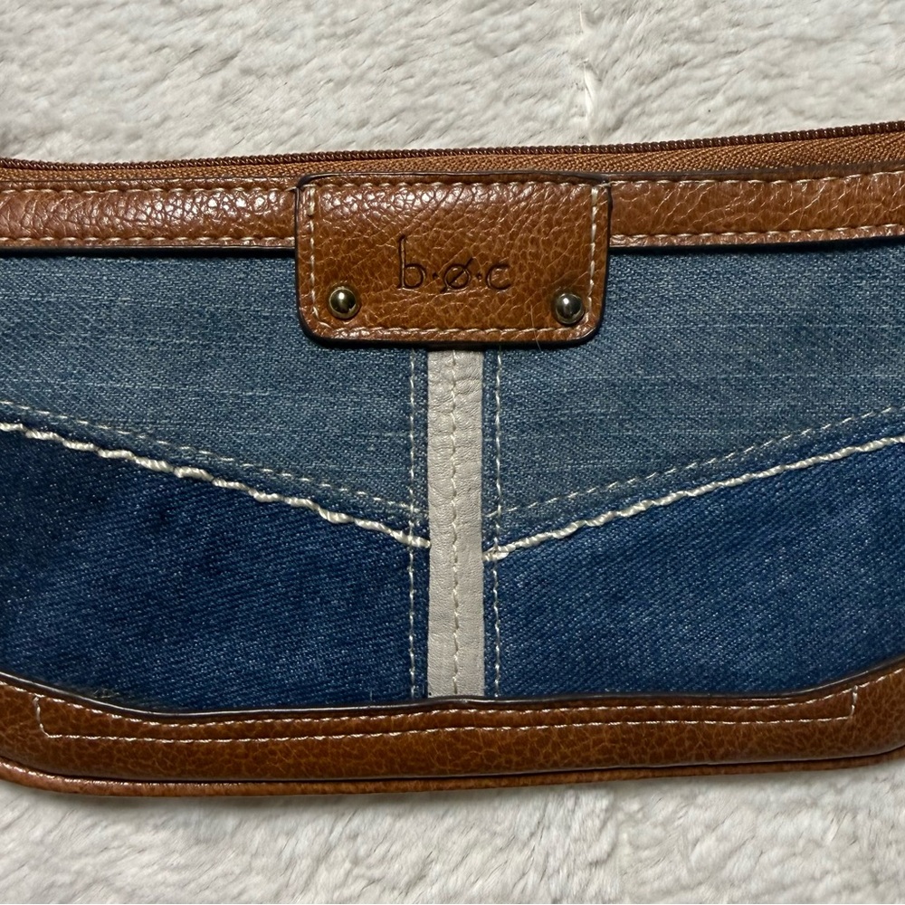 b.o.c. Demin Tan and Brown Faux Leather Patchwork Wristlet